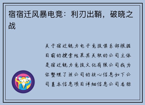 宿宿迁风暴电竞：利刃出鞘，破晓之战